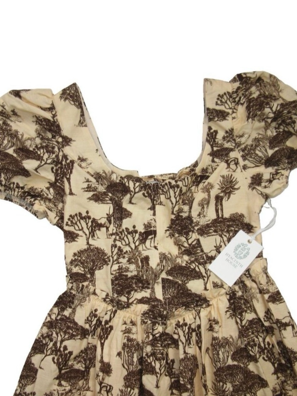 Beige Floral Square-Neck Midi Dress with Puff Sleeves - Picture 4 of 4